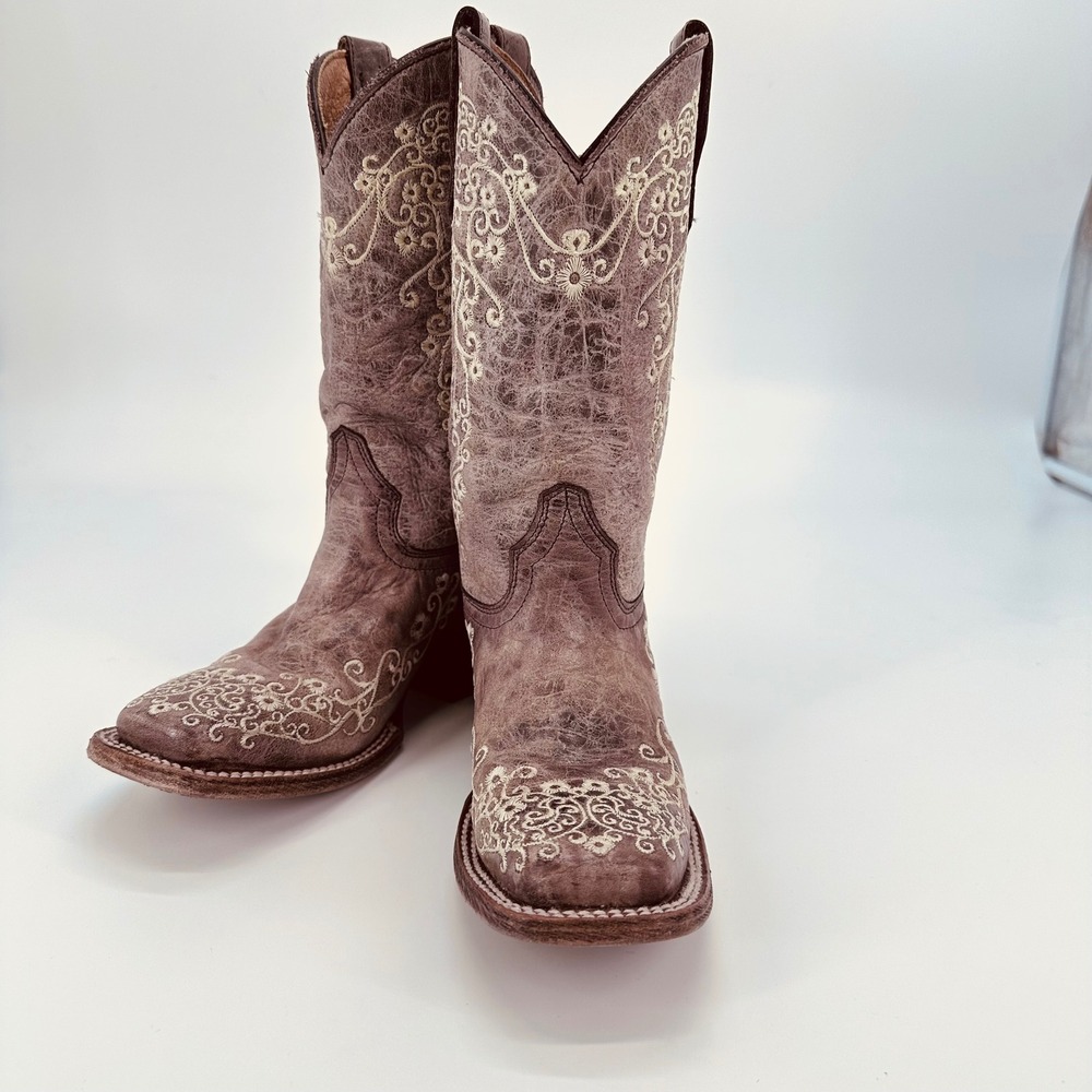 Corral Teens Brown Distressed Leather Floral Embroidered Western Boots 2.5T